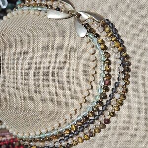 Vintage Multicolor Handknotted Beaded Stone Necklace with Gold-tone Clasp